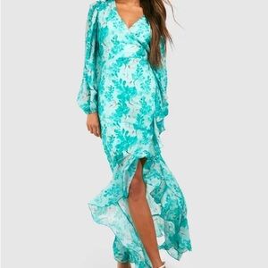 Boohoo Floral Wrap Maxi Dress in Blue and White